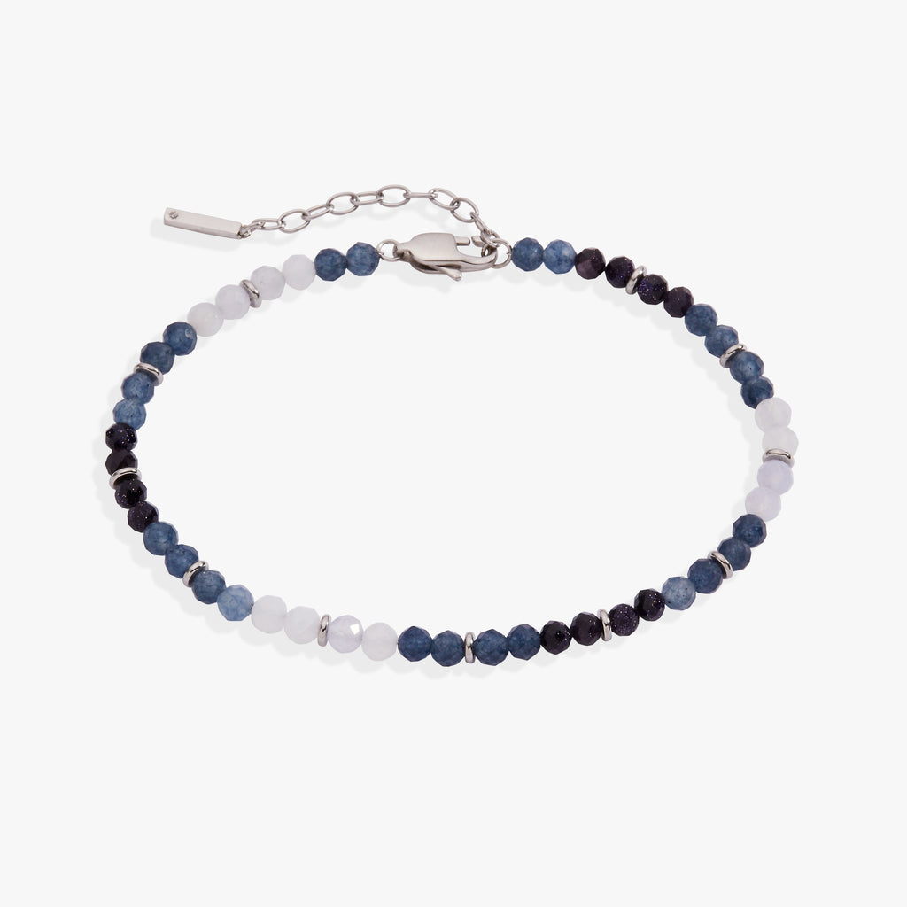 Blue ombre beaded anklet with silver chain and faceted dark blue, light blue, and white beads