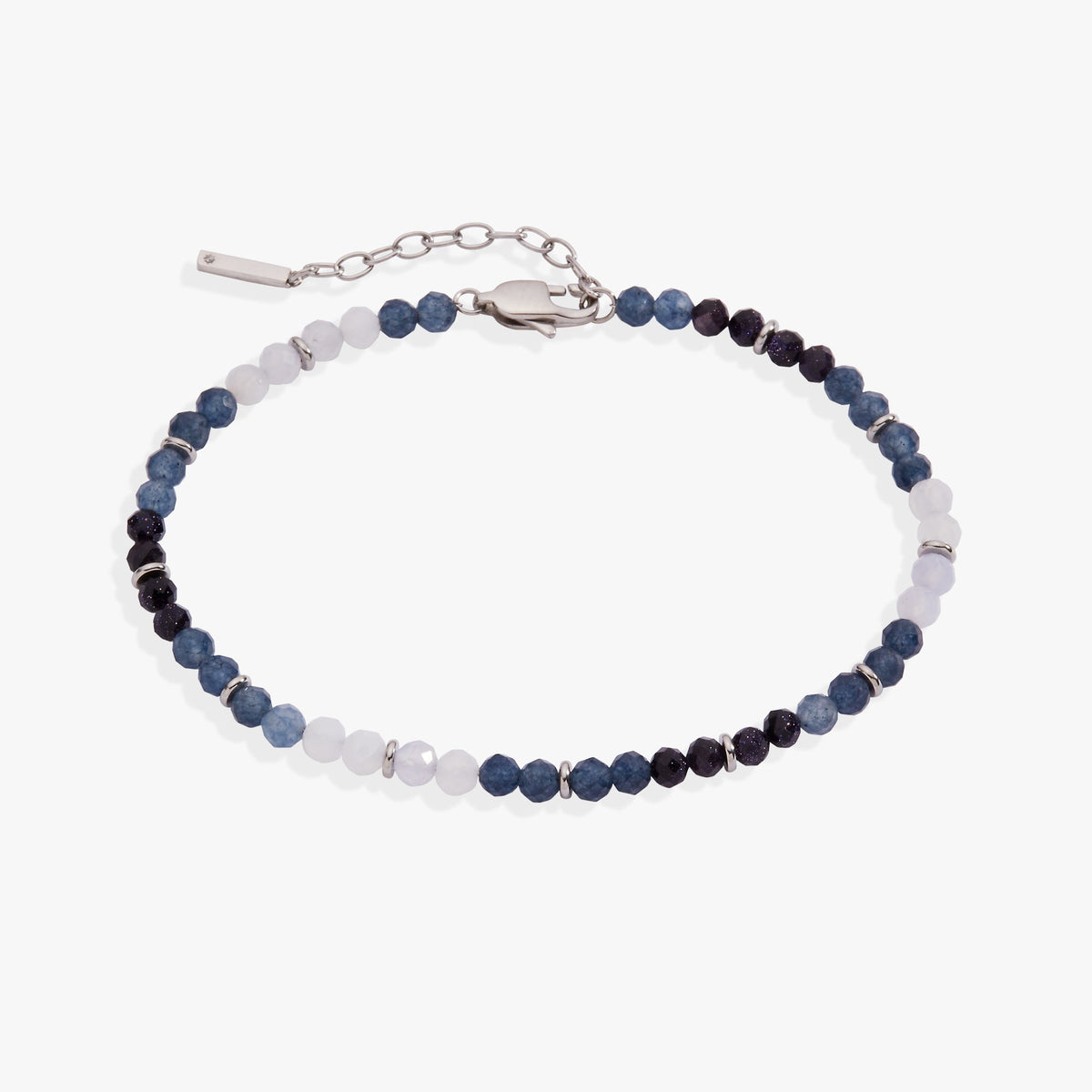 Blue ombre beaded anklet with silver chain and faceted dark blue, light blue, and white beads