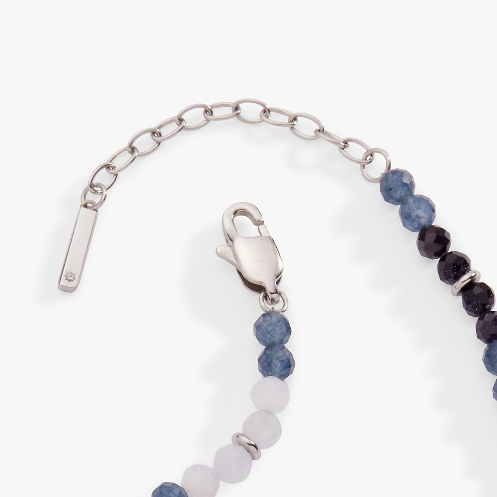 Blue ombre beaded anklet with lobster clasp, silver chain, and mixed blue and white beads