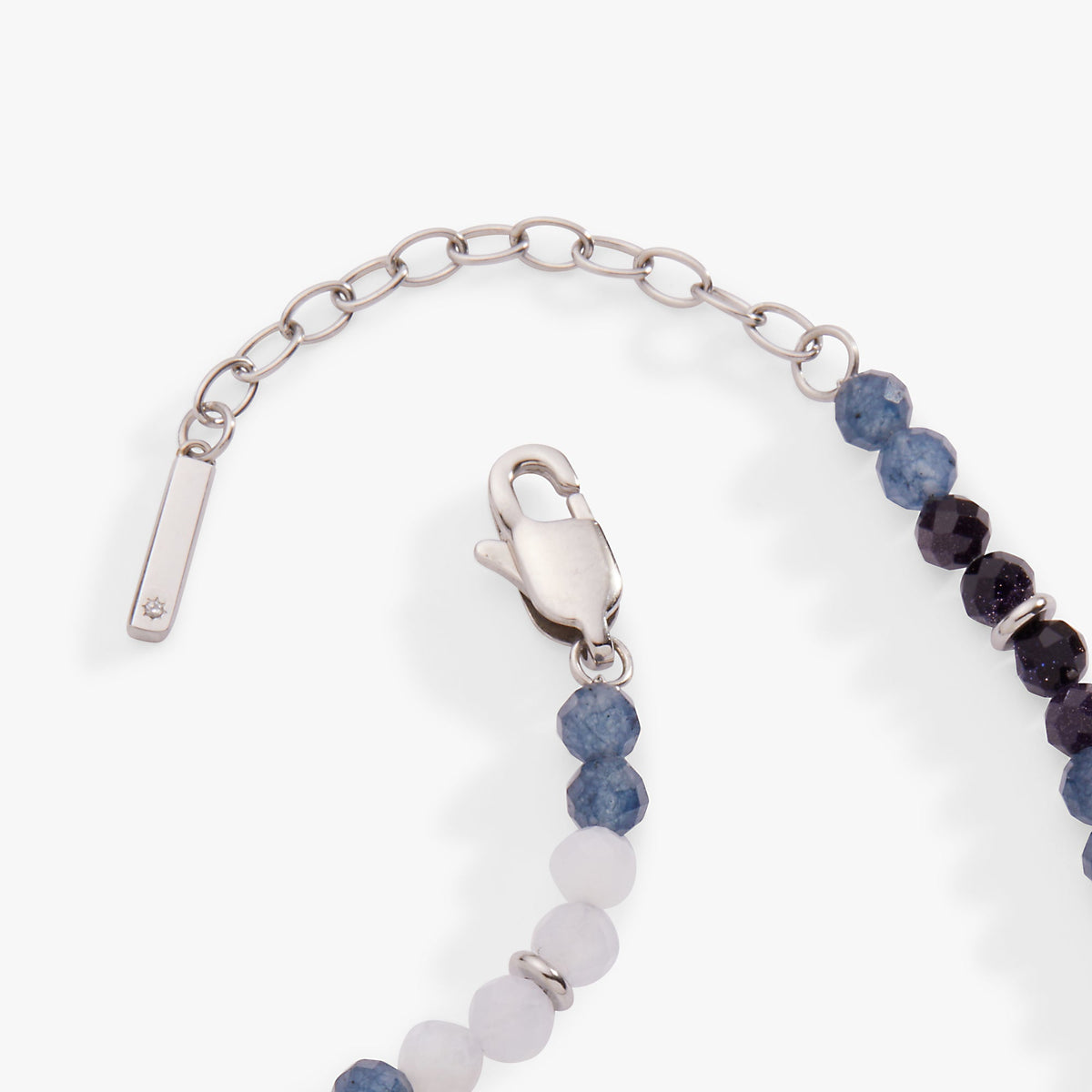Blue ombre beaded anklet with lobster clasp, silver chain, and mixed blue and white beads