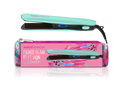 Mint turquoise flat iron with black plates and pink patterned travel pouch