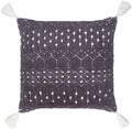 Knitted square throw pillow cover in dark gray with white patterned accents and tassels