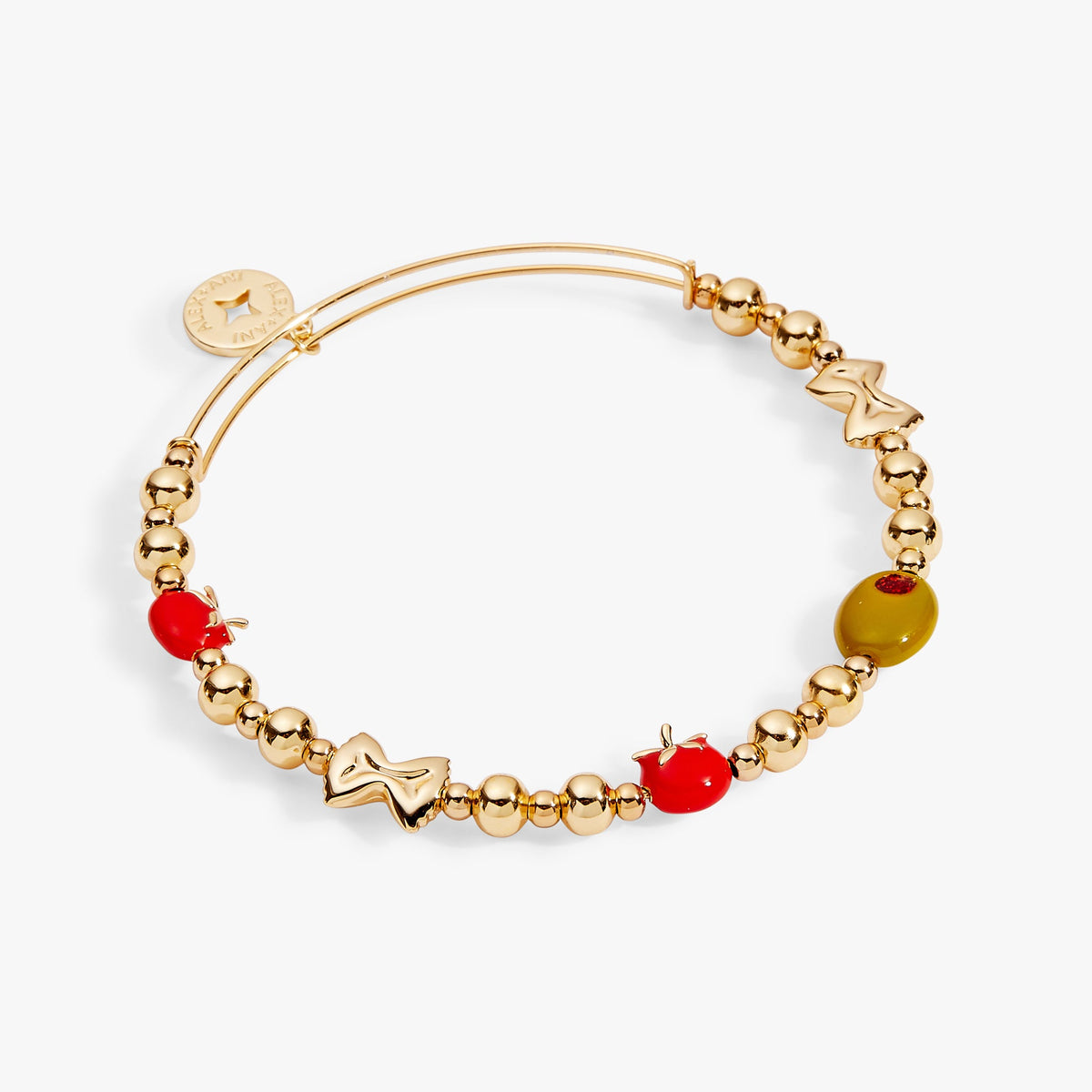 Gold-tone beaded bangle bracelet with red and yellow beads and decorative charm links