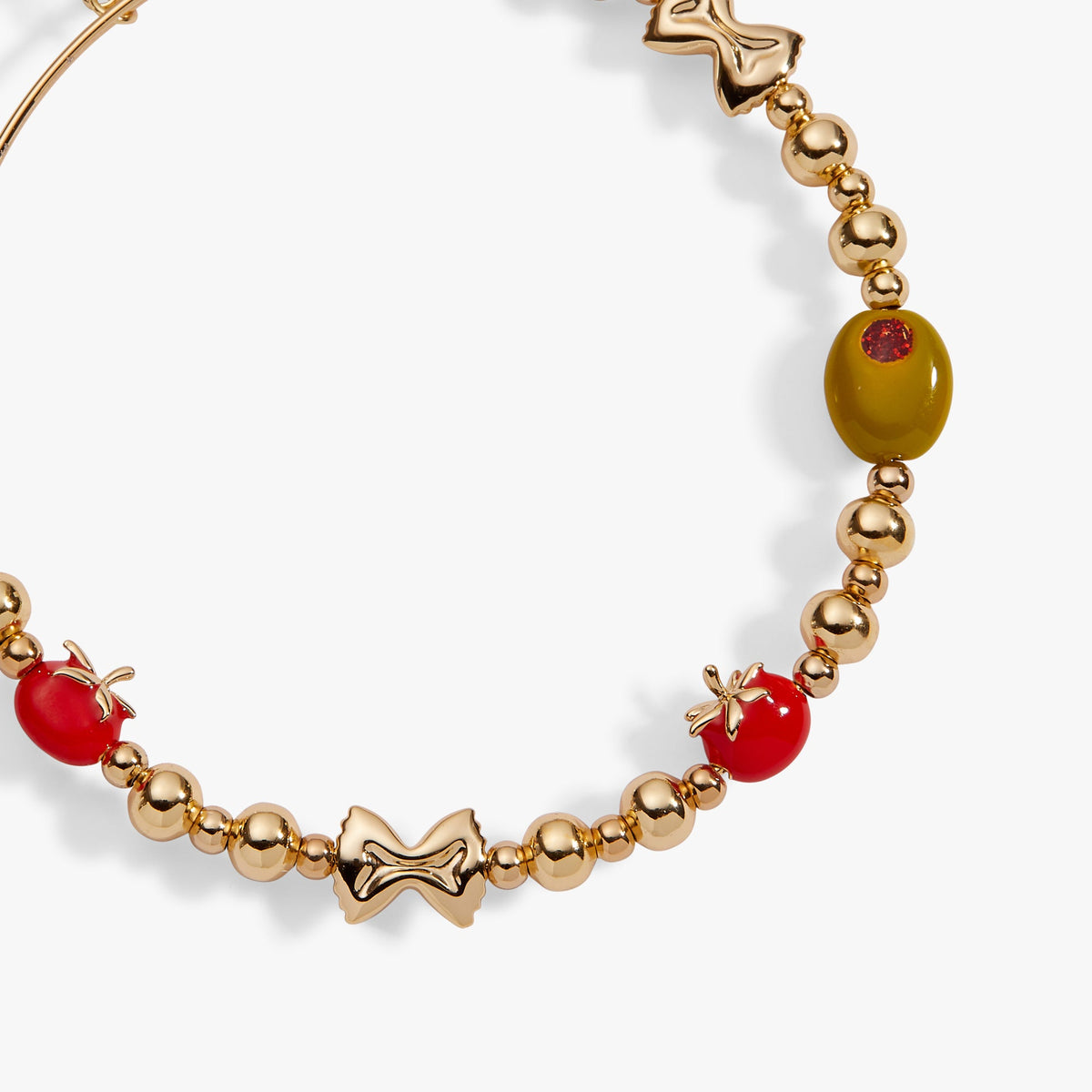 Gold-tone beaded bracelet with red and yellow beads and decorative charm links