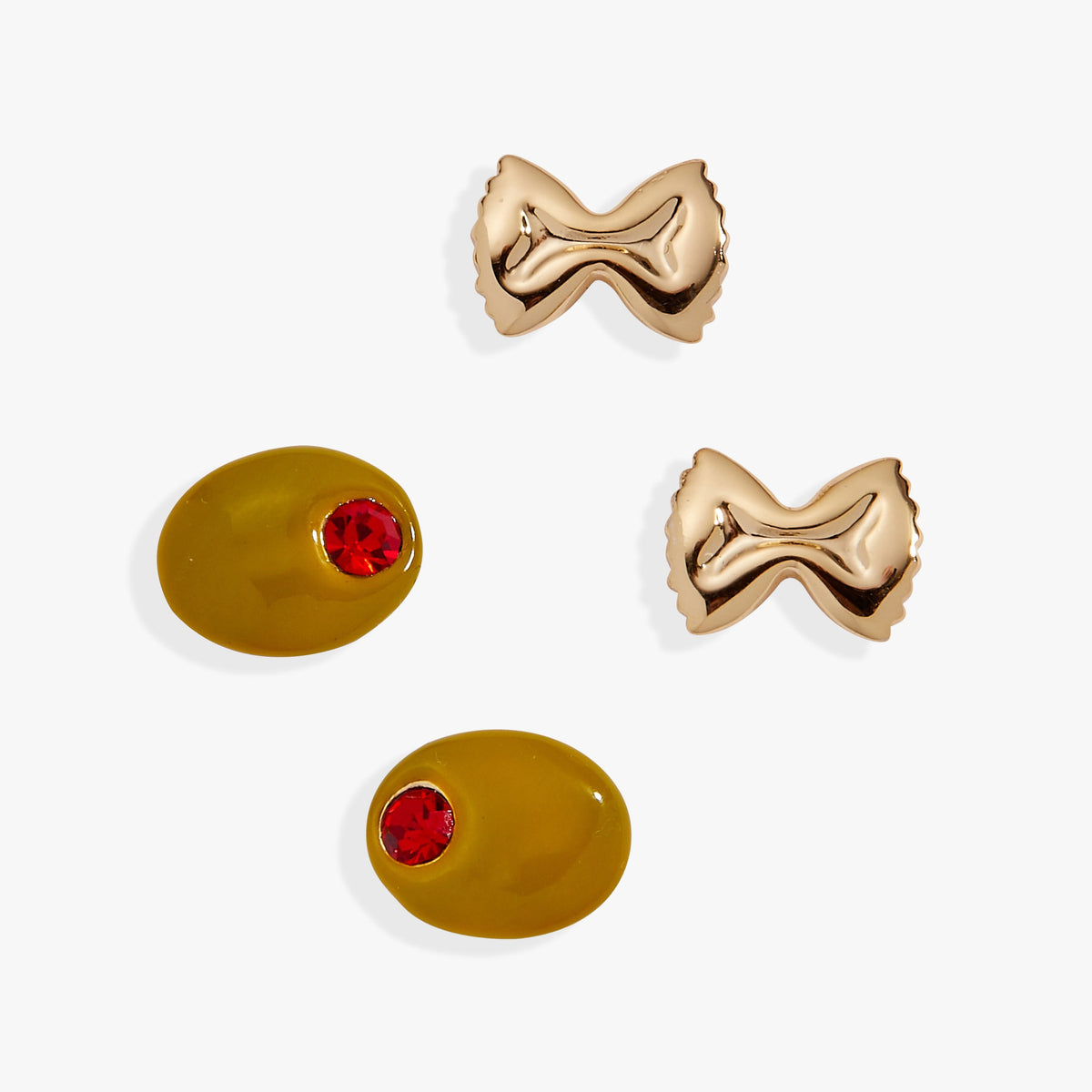 Set of 2 gold pasta bow and oval stud earrings with red stones