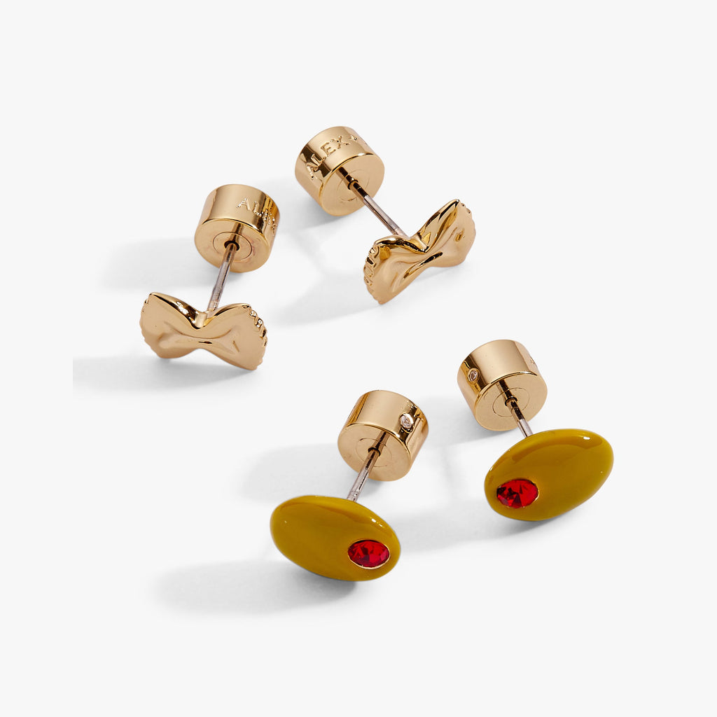 Gold pasta bow and yellow oval stud earrings with red gemstones, set of 2
