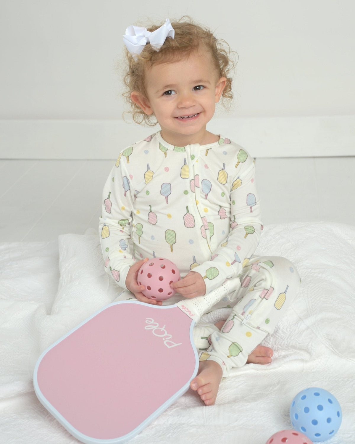Toddler long-sleeve footed pajama romper, white with colorful popsicle print