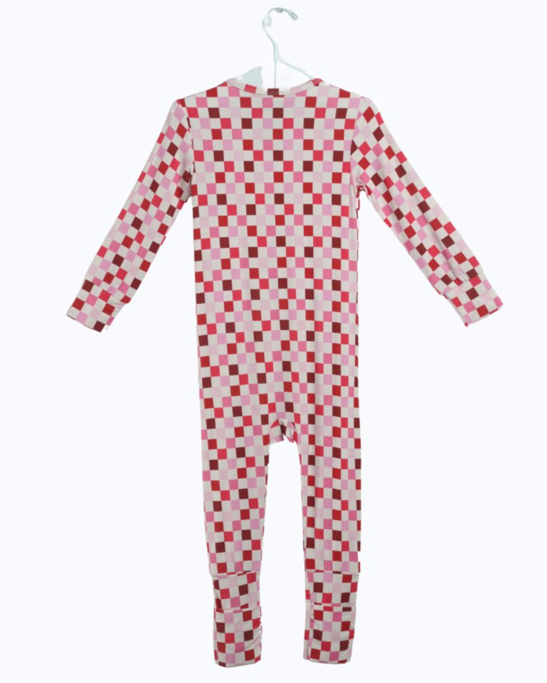 Pink and red checkered toddler pajama romper on hanger, back view
