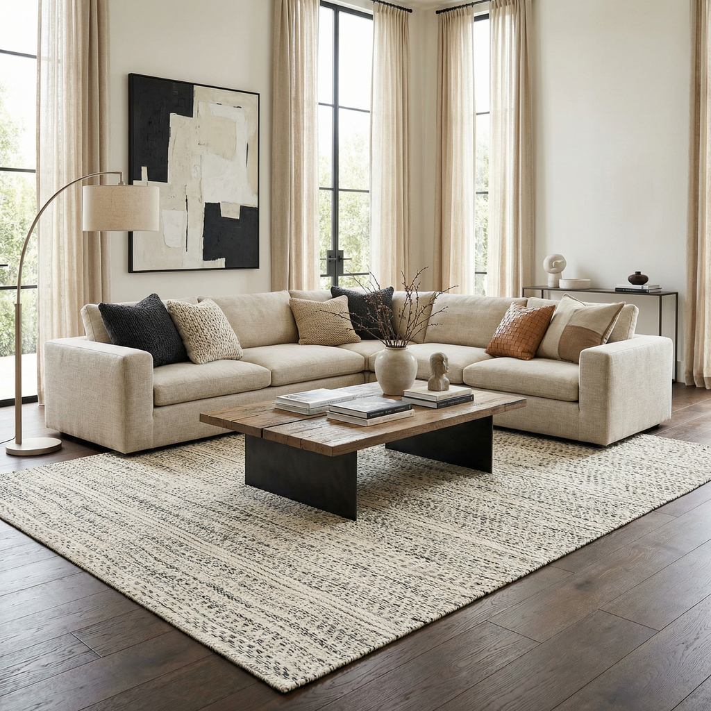 Williford Hand Woven Wool Area Rug – Cream & Black Bohemian