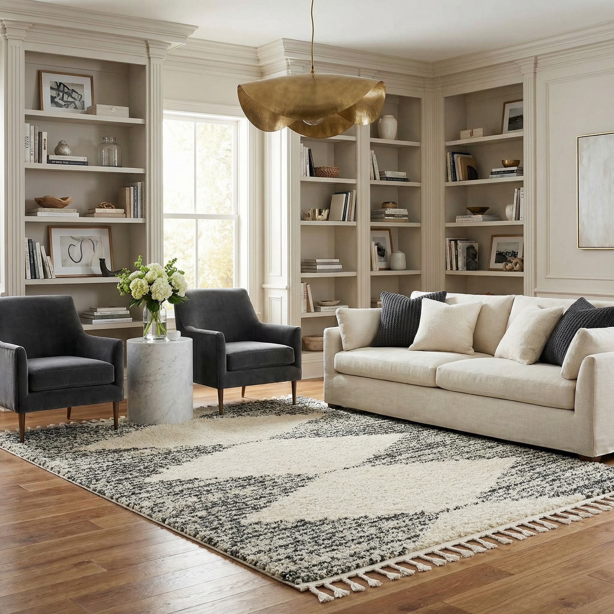 Howth Plush Shag Area Rug with Fringe – Gray, Beige & Black Contemporary