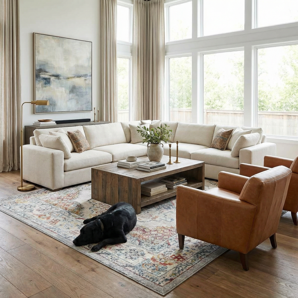 Haymond Traditional Area Rug – Taupe, Navy & Mustard Multi-Color