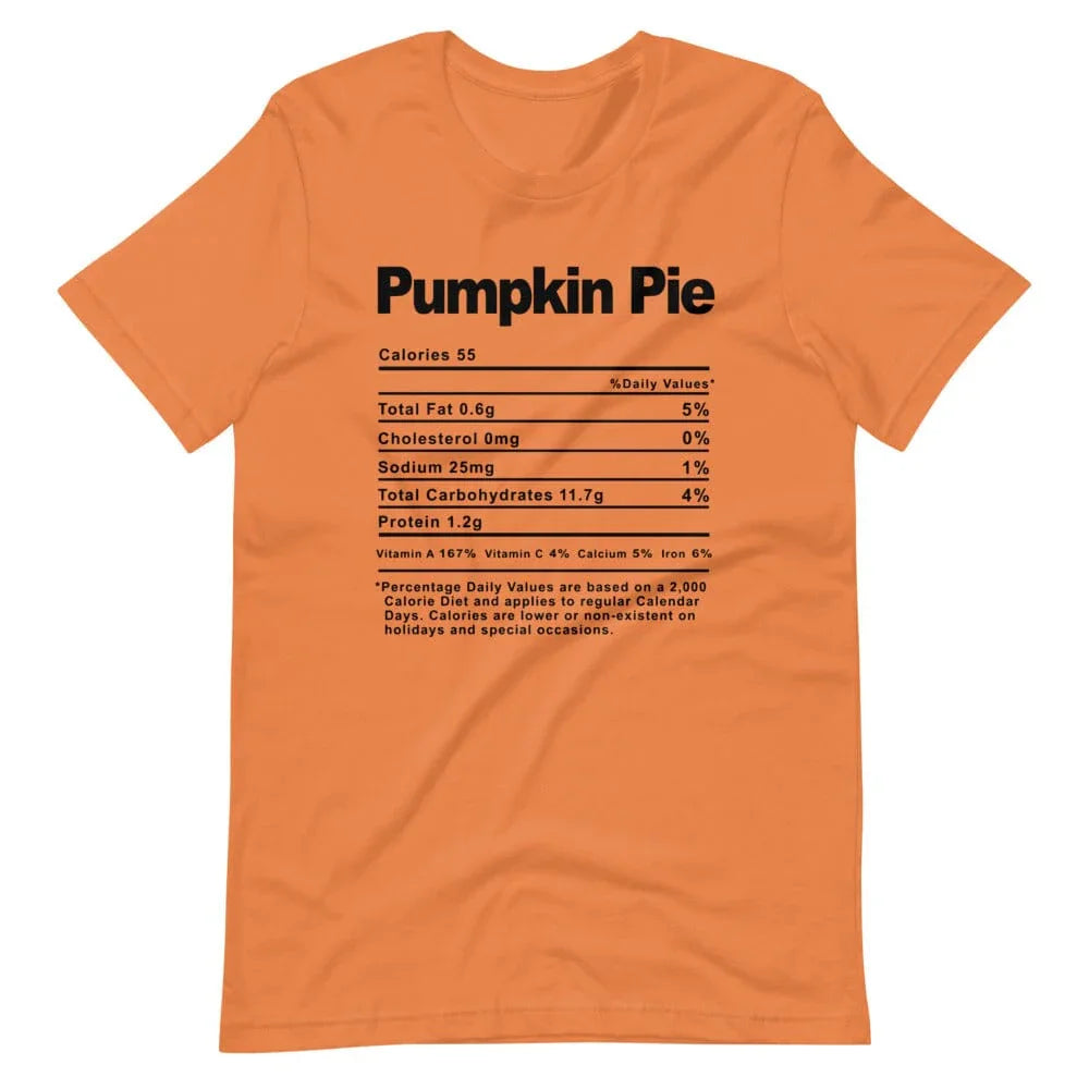 Orange T-shirt with 'Pumpkin Pie' graphic and nutrition facts block