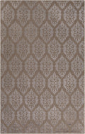 Tan area rug with light gray damask floral medallion pattern and textured weave.