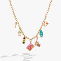 Gold multi-charm necklace with colorful travel-themed pendants on link chain