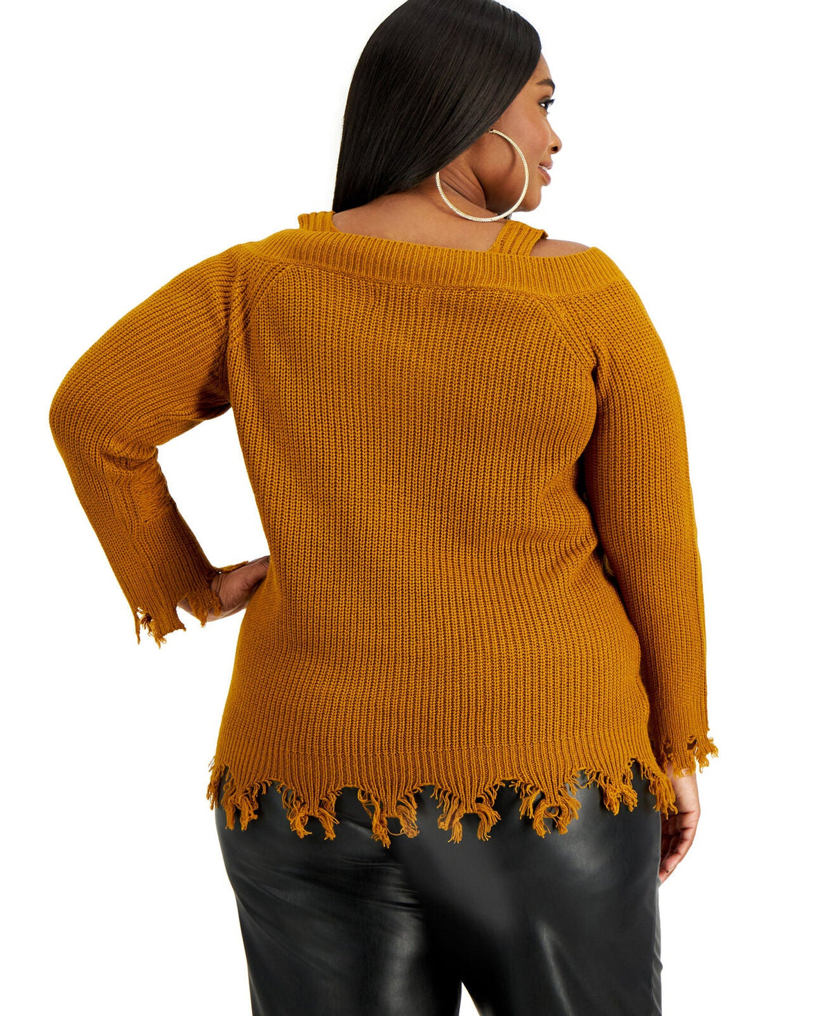 Plus-size cowl-neck ribbed sweater, Cathay Spice, frayed back hem and cuffs