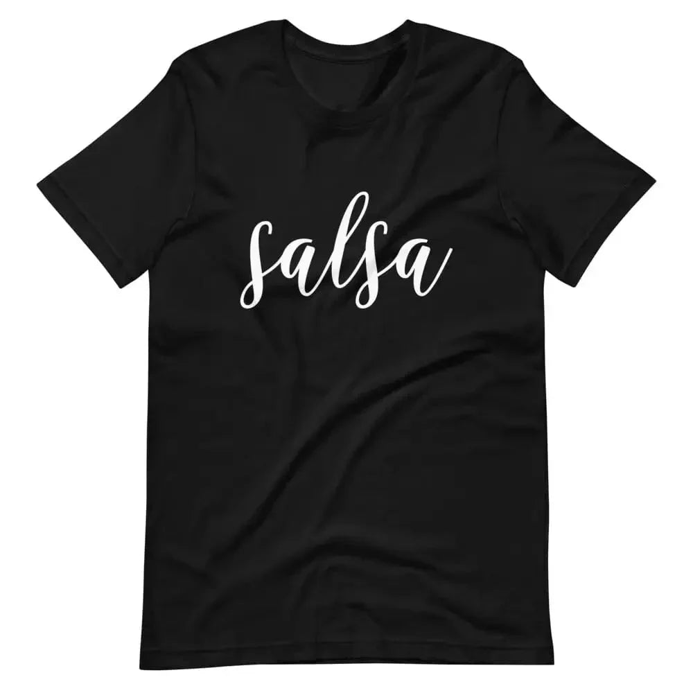 Black unisex t-shirt with white script “salsa” front print