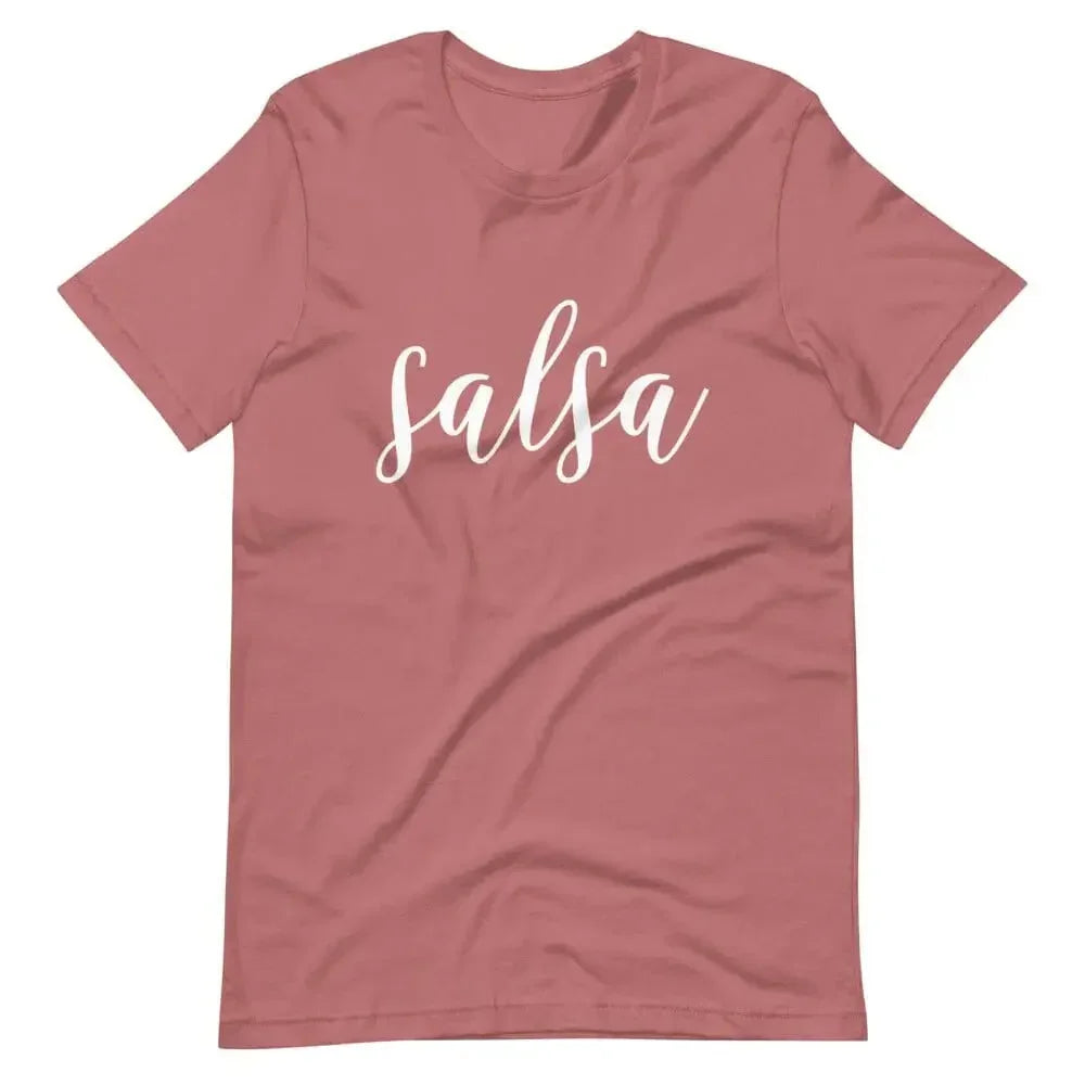 Mauve unisex t-shirt with white script “salsa” front print