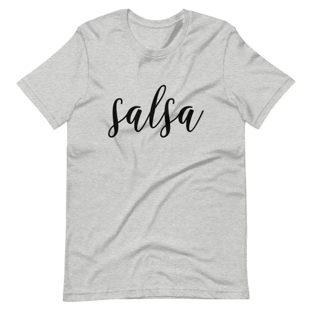 Heather grey t-shirt with 'salsa' script print