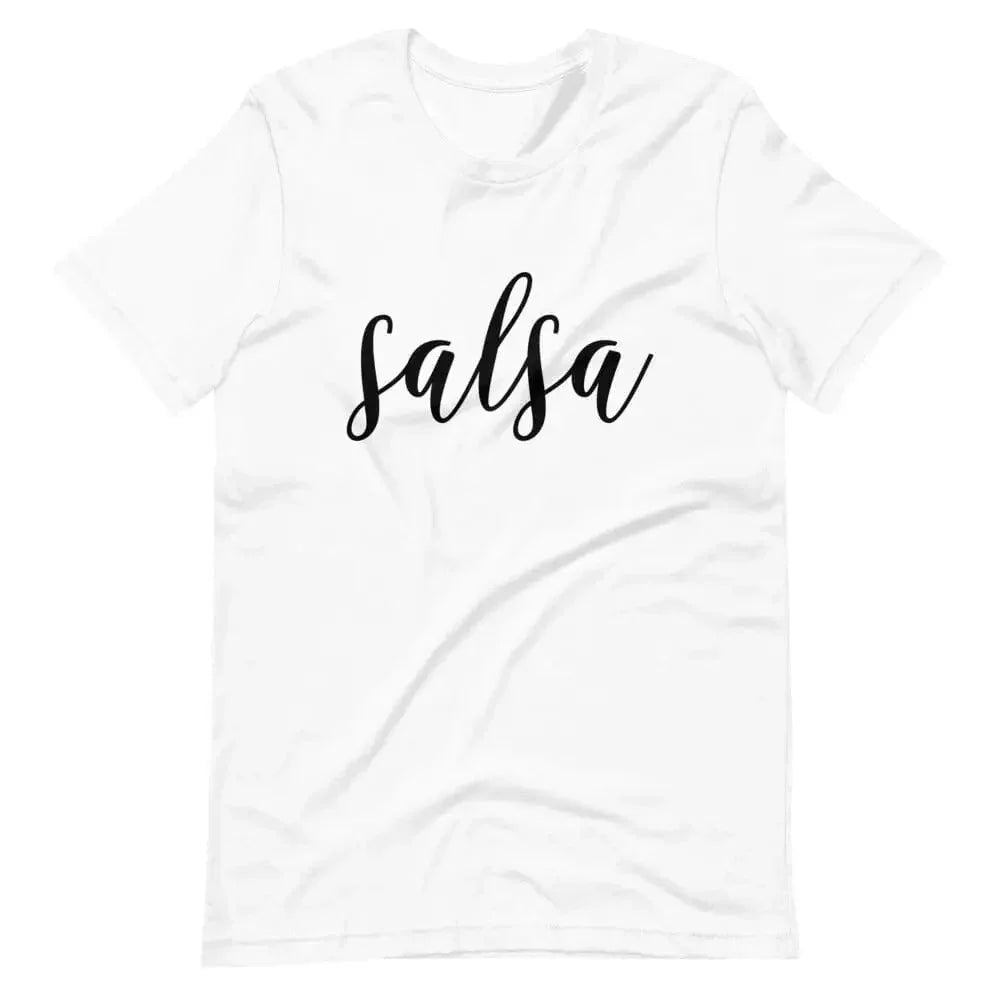 White t-shirt with 'salsa' script print