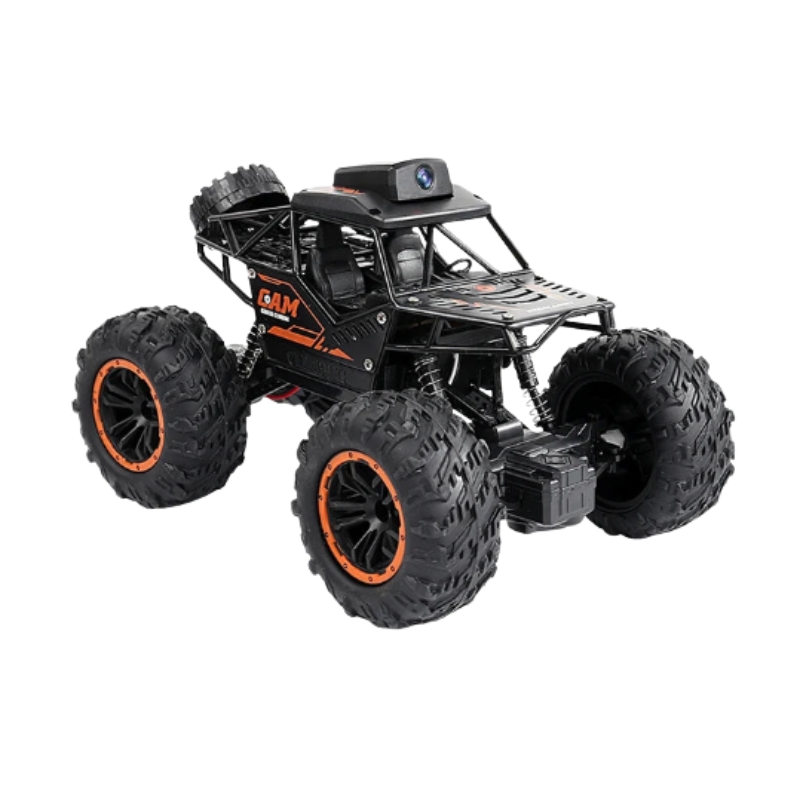 RC stunt SUV with front HD camera, black frame, orange wheel accents and large off-road tires