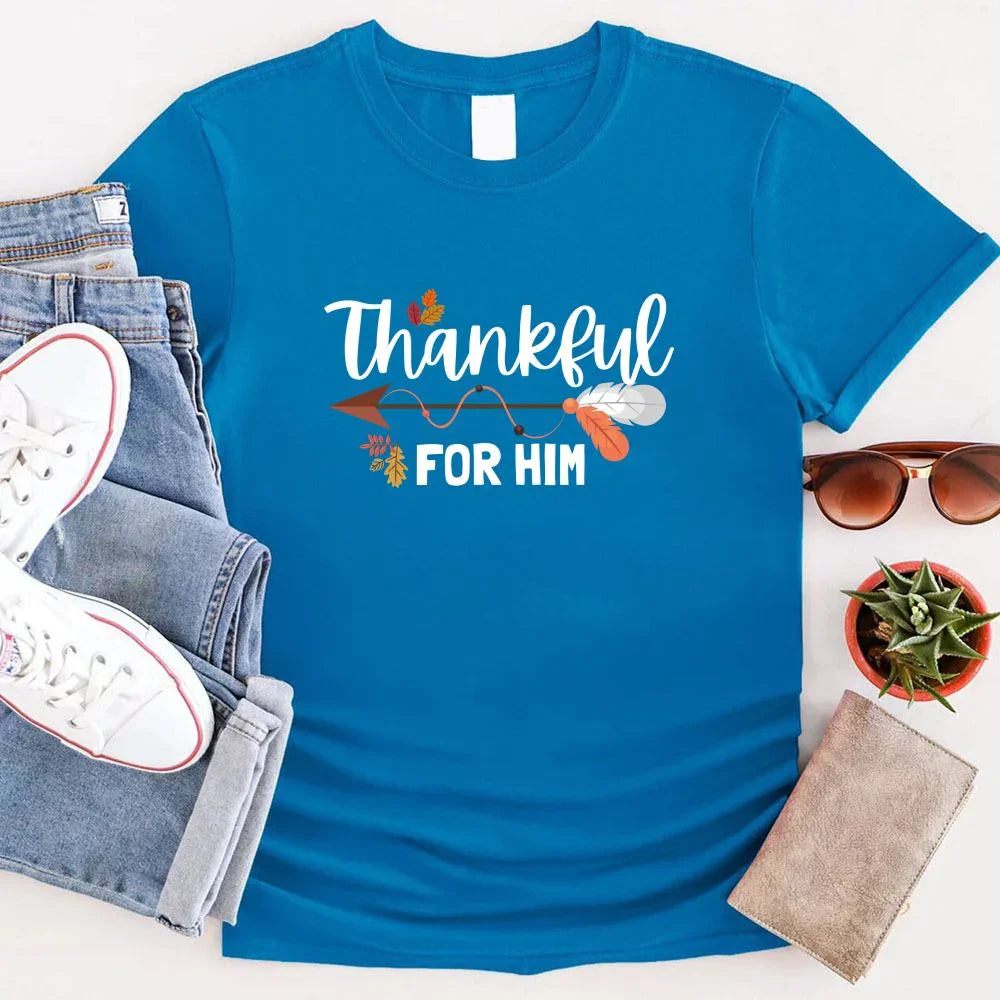 Blue T-shirt with “Thankful for Him” fall-themed graphic