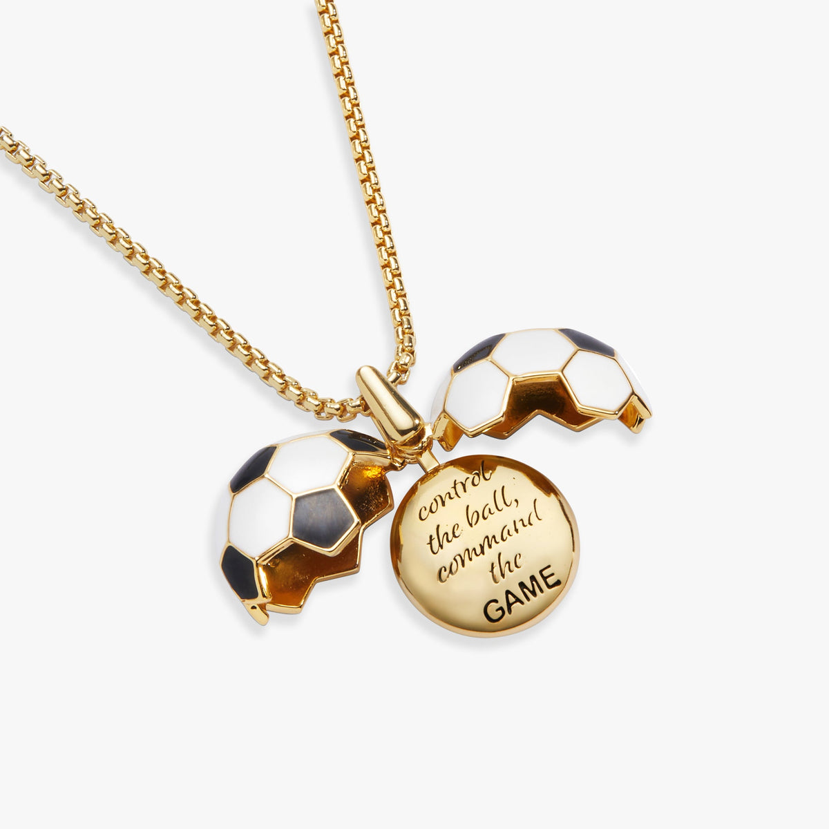 Gold soccer ball locket necklace set: round locket with soccer ball charm on chain