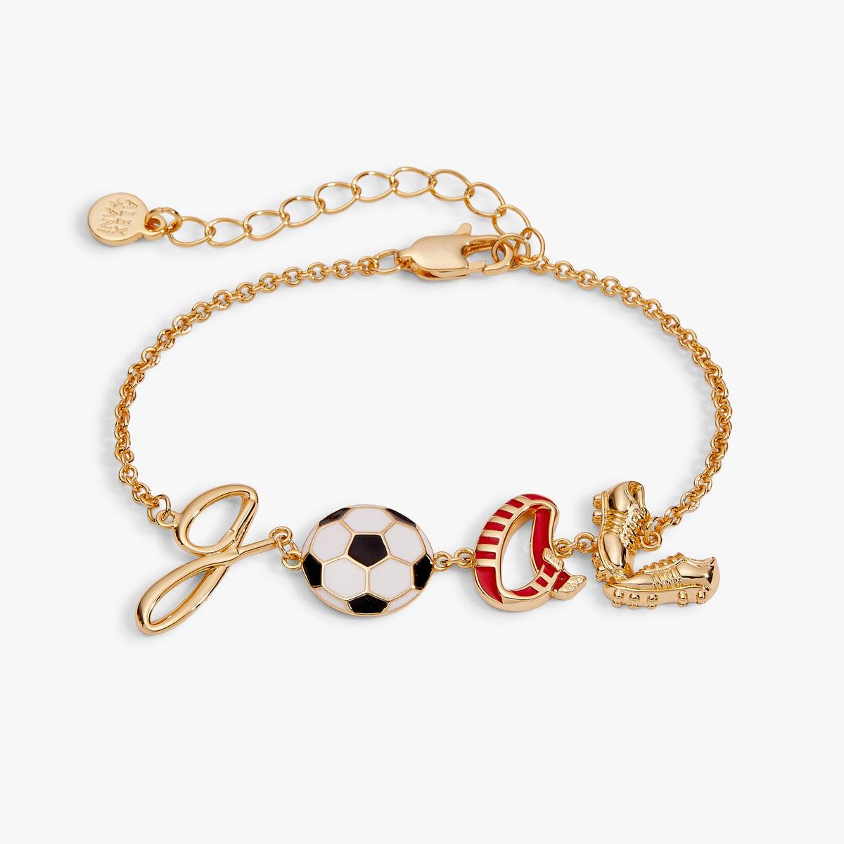 Gold soccer goal bracelet with soccer ball, goal post, red boot, and ring charms on chain