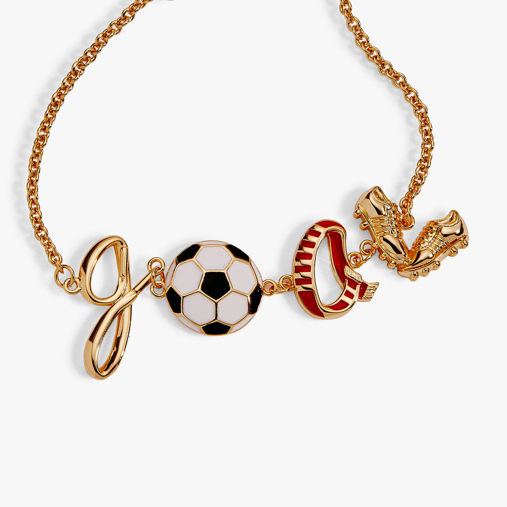 Gold soccer goal bracelet with soccer ball, goal post, red boot, and small sporty charm