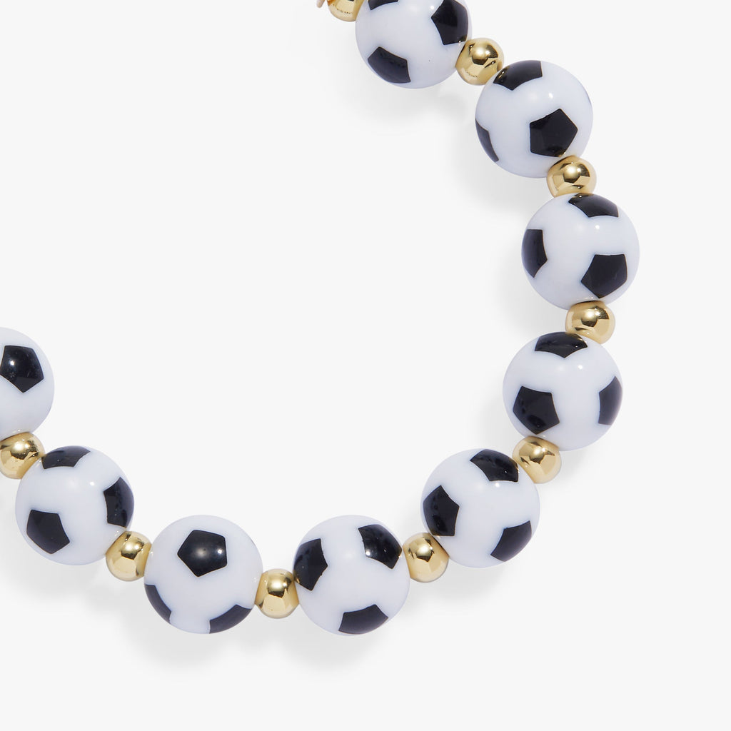 Gold-tone soccer ball beaded bangle bracelet, round linked black-and-white beads