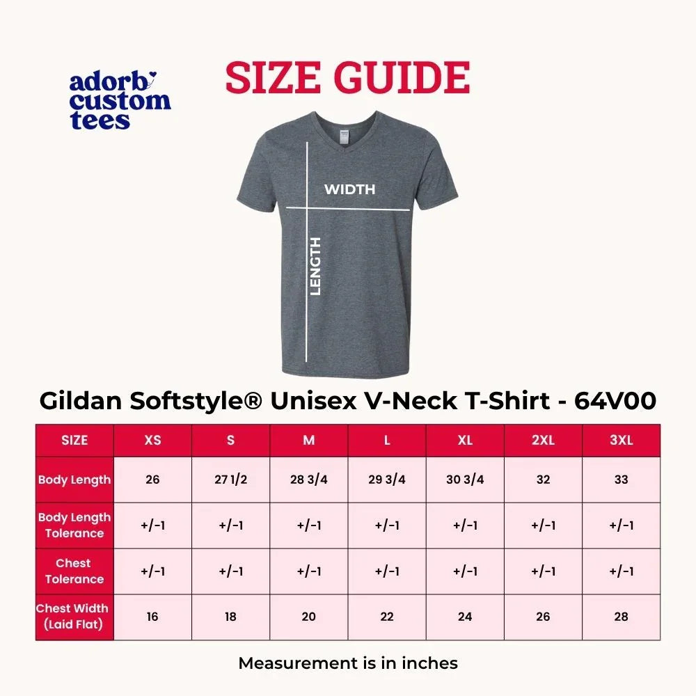 Size guide graphic for Gildan Softstyle unisex v-neck T-shirt with width/length table