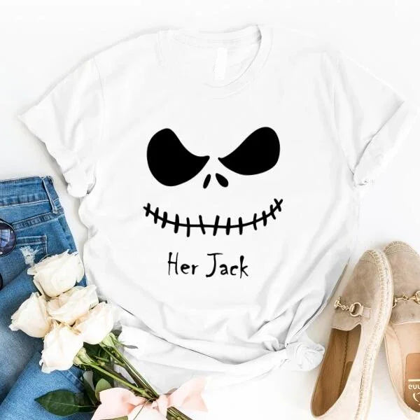 White Halloween couples tee with skull face graphic and text “Her Jack”