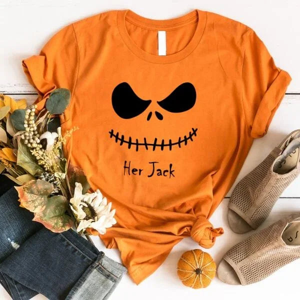 Orange Halloween tee with skull face graphic and text “Her Jack”