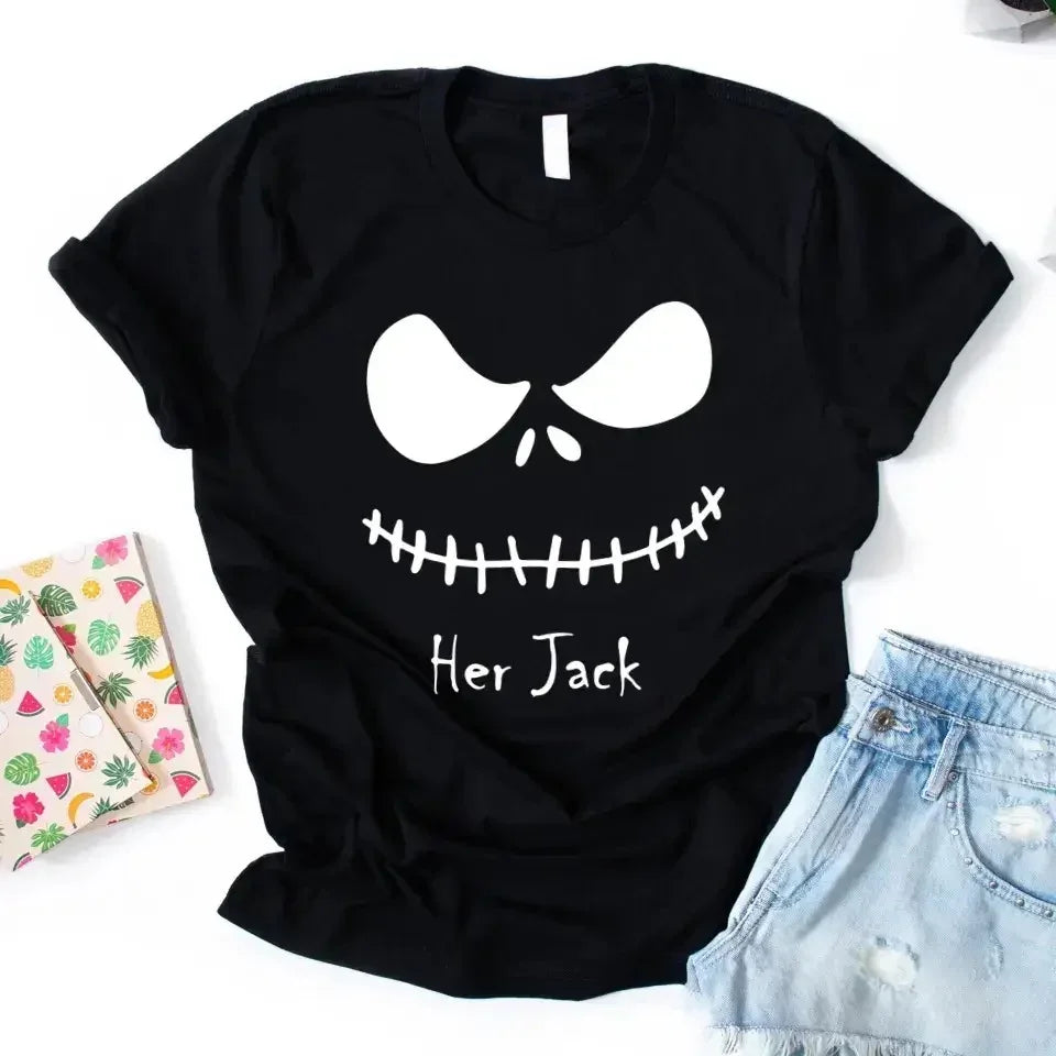 Black Halloween couples tee with skeleton face graphic and text “Her Jack”