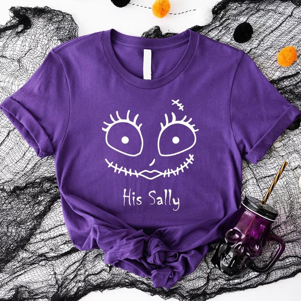 Purple Halloween couples tee with stitched face graphic and 'His Sally' text