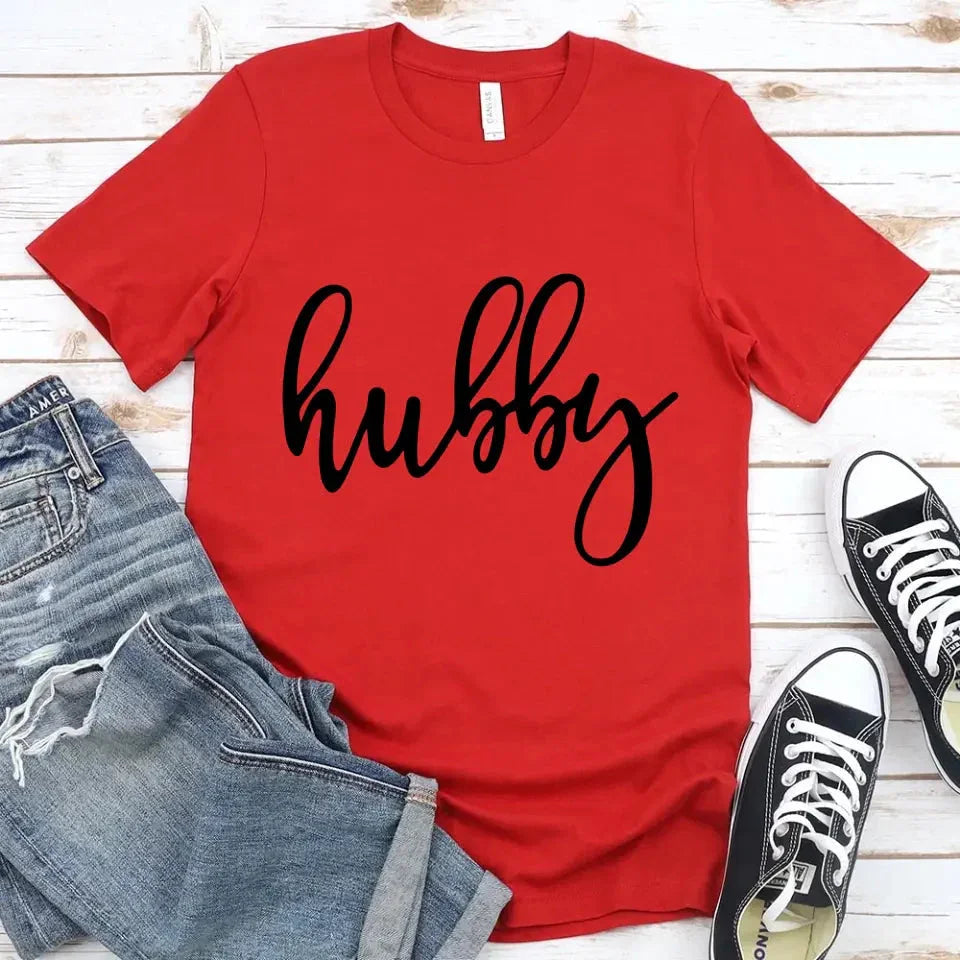 Red unisex couple tee with “hubby” script print on the chest