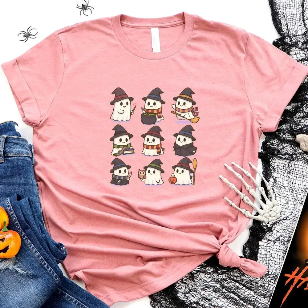 Dusty pink Halloween graphic T-shirt with cute witch and ghost characters