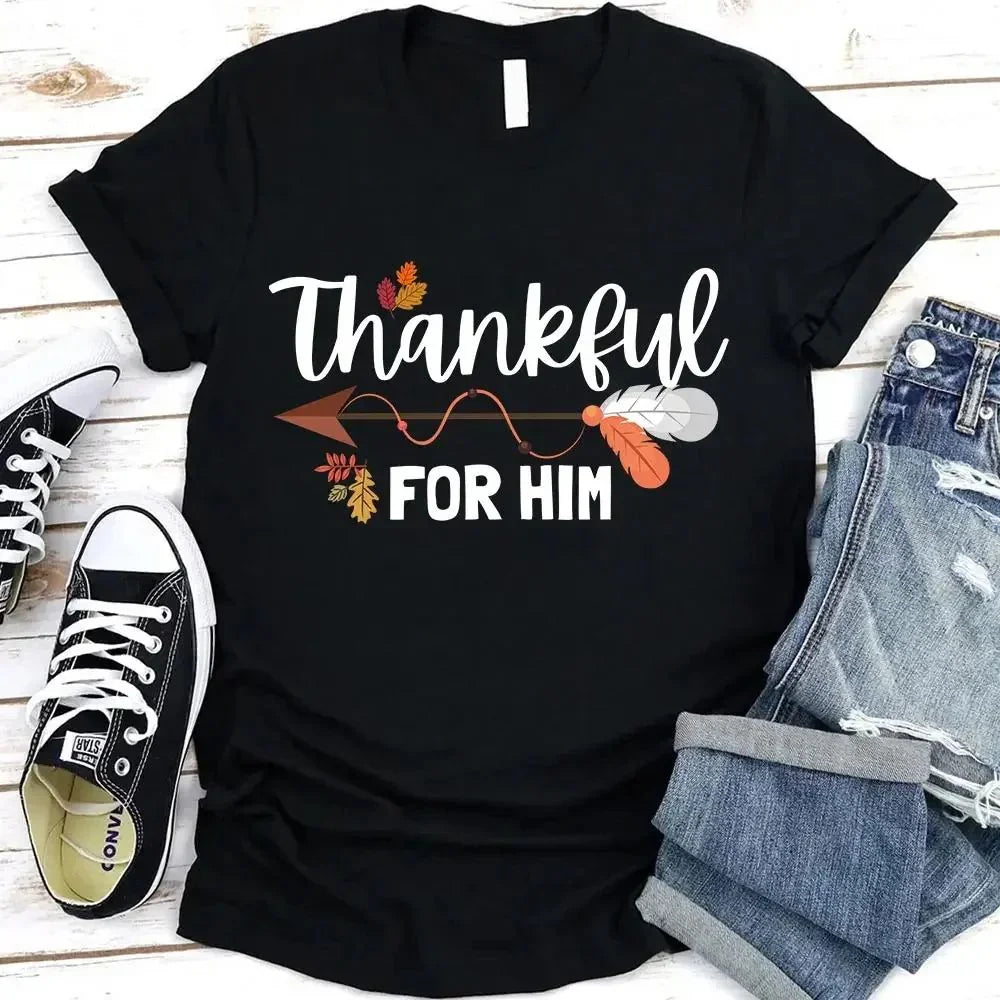 Black T-shirt with “Thankful for Him” fall-themed graphic