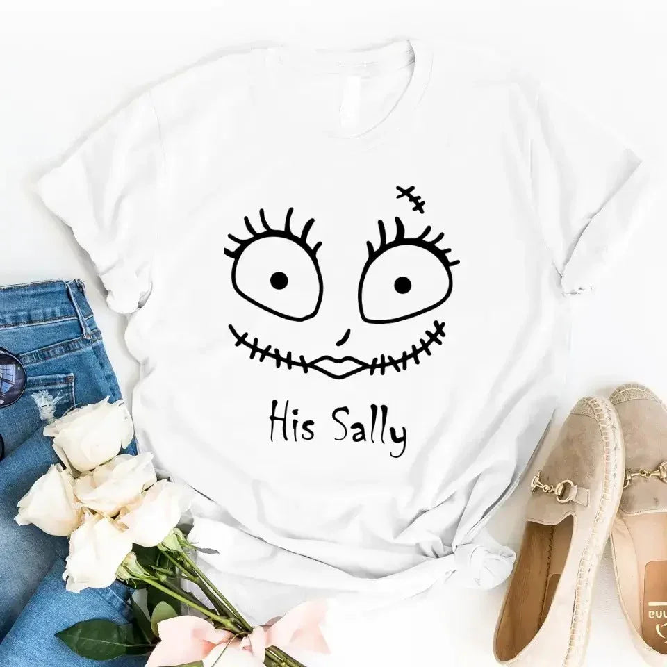 White Halloween couples tee with stitched monster face and text “His Sally”