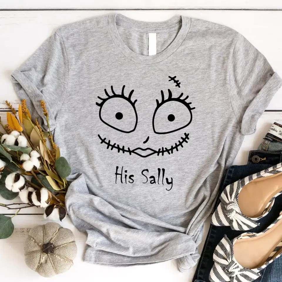 Grey Halloween couples tee with stitched face graphic and 'His Sally' text