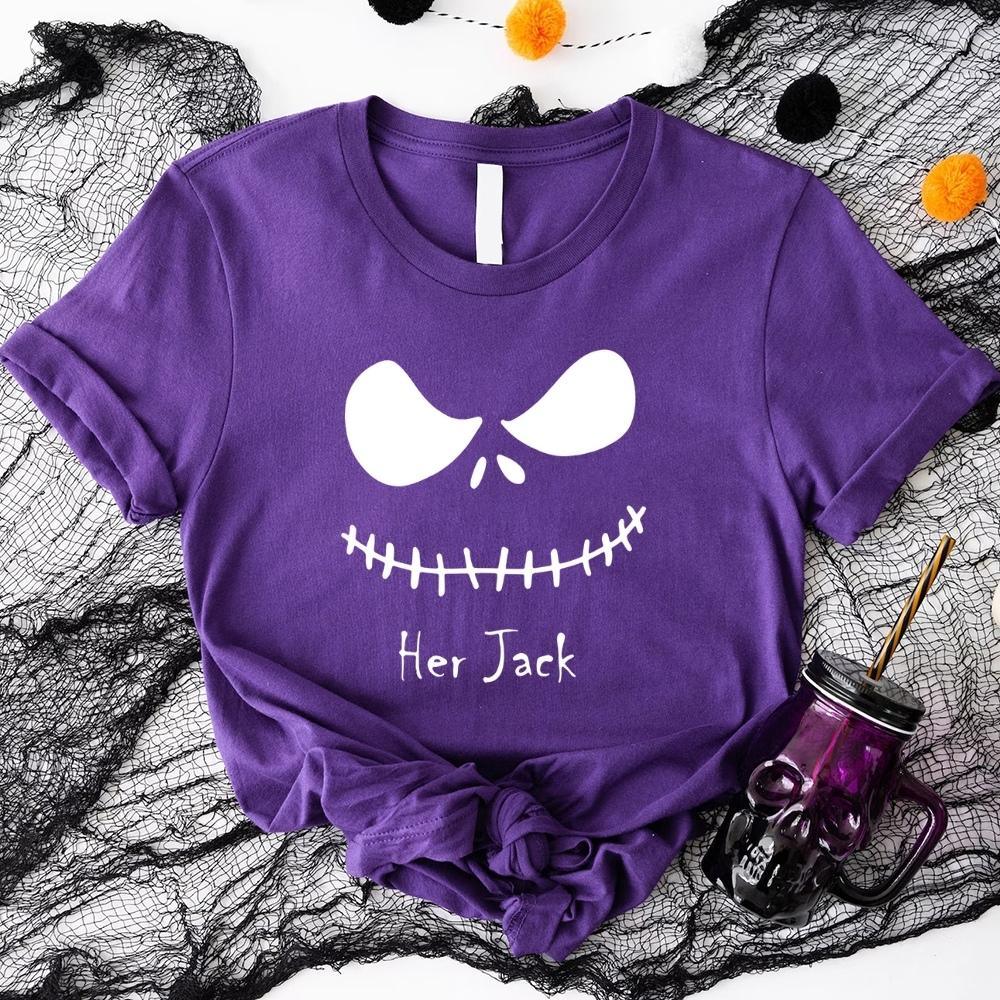 Purple Halloween couples tee with bow skull graphic and 'Her Jack' text