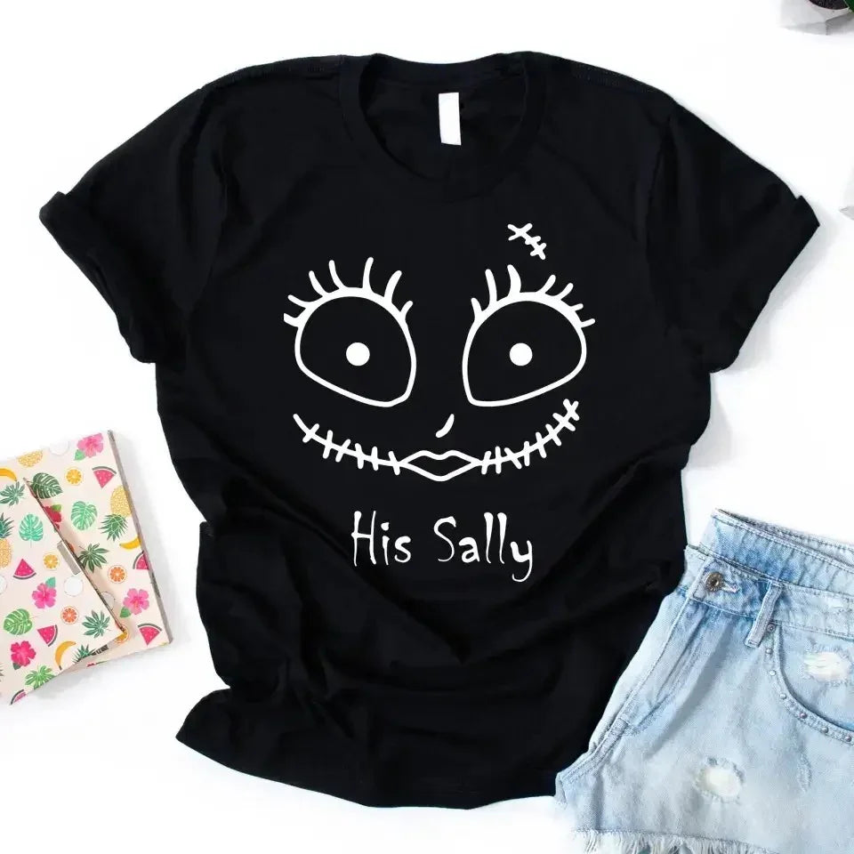 Black Halloween couples tee with stitched face graphic and 'His Sally' text