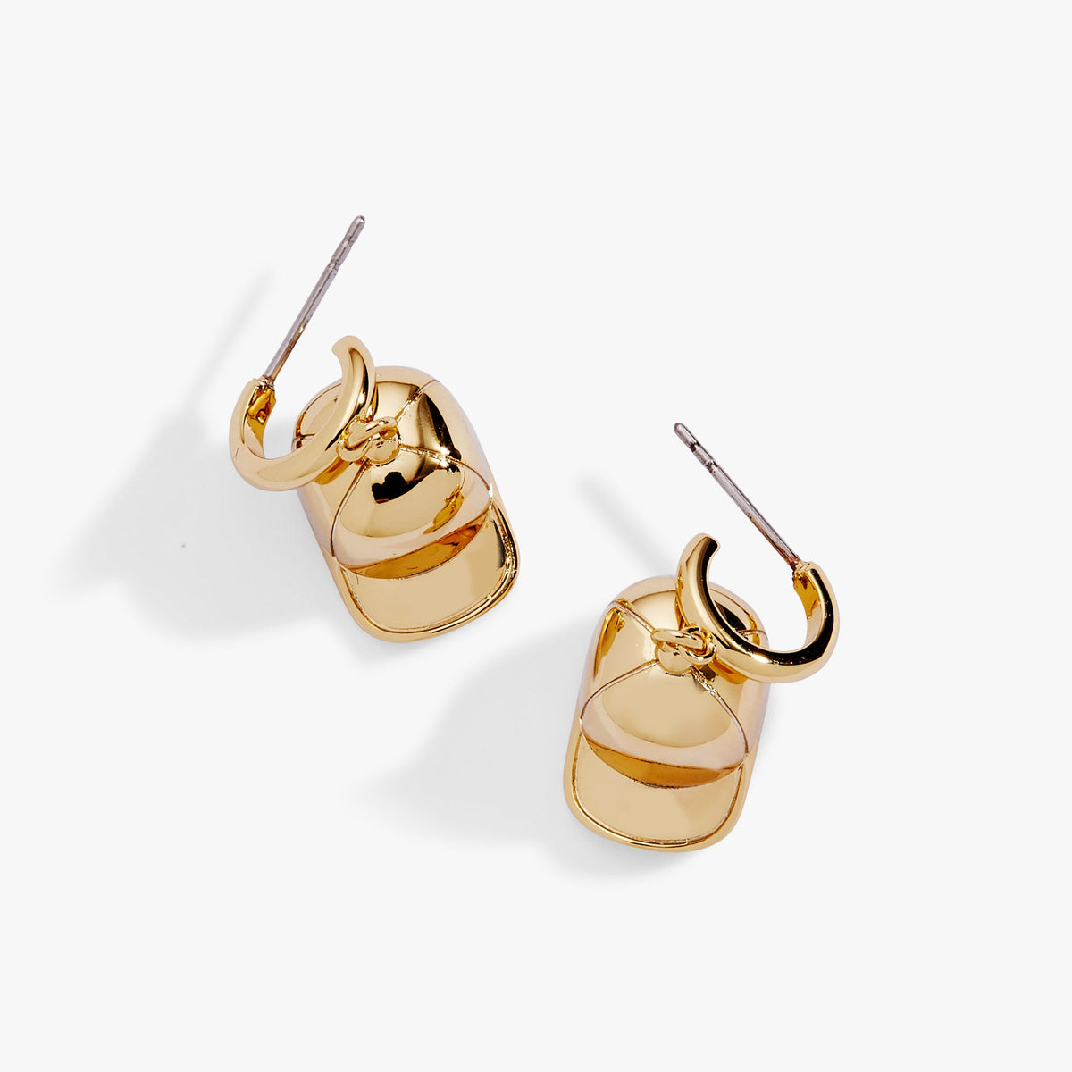 Gold baseball cap drop earrings with hinged huggie hoops and charm pendants