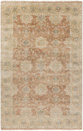 Peach and blue hand-knotted wool area rug with ornate damask pattern and border accents