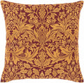 Square woven cotton throw pillow with peach and burgundy ornamental floral pattern.