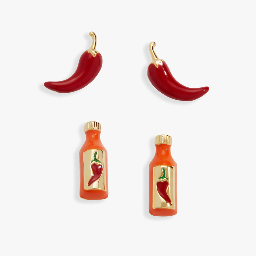 Red chili pepper and hot sauce bottle stud earrings set with gold backs