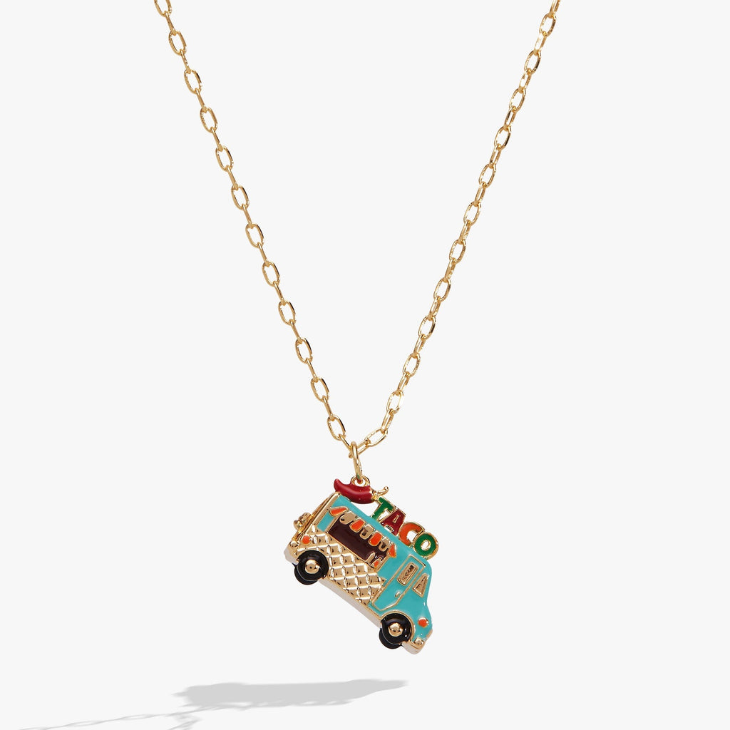 Gold taco truck locket necklace with chain and taco truck charm pendant.