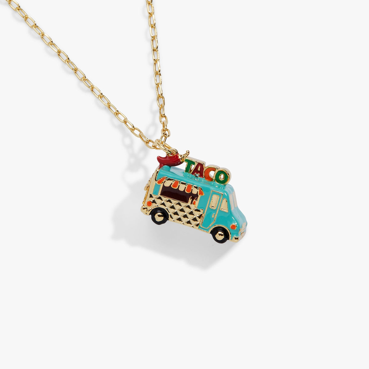 Gold taco truck locket necklace with taco truck charm pendant on chain.