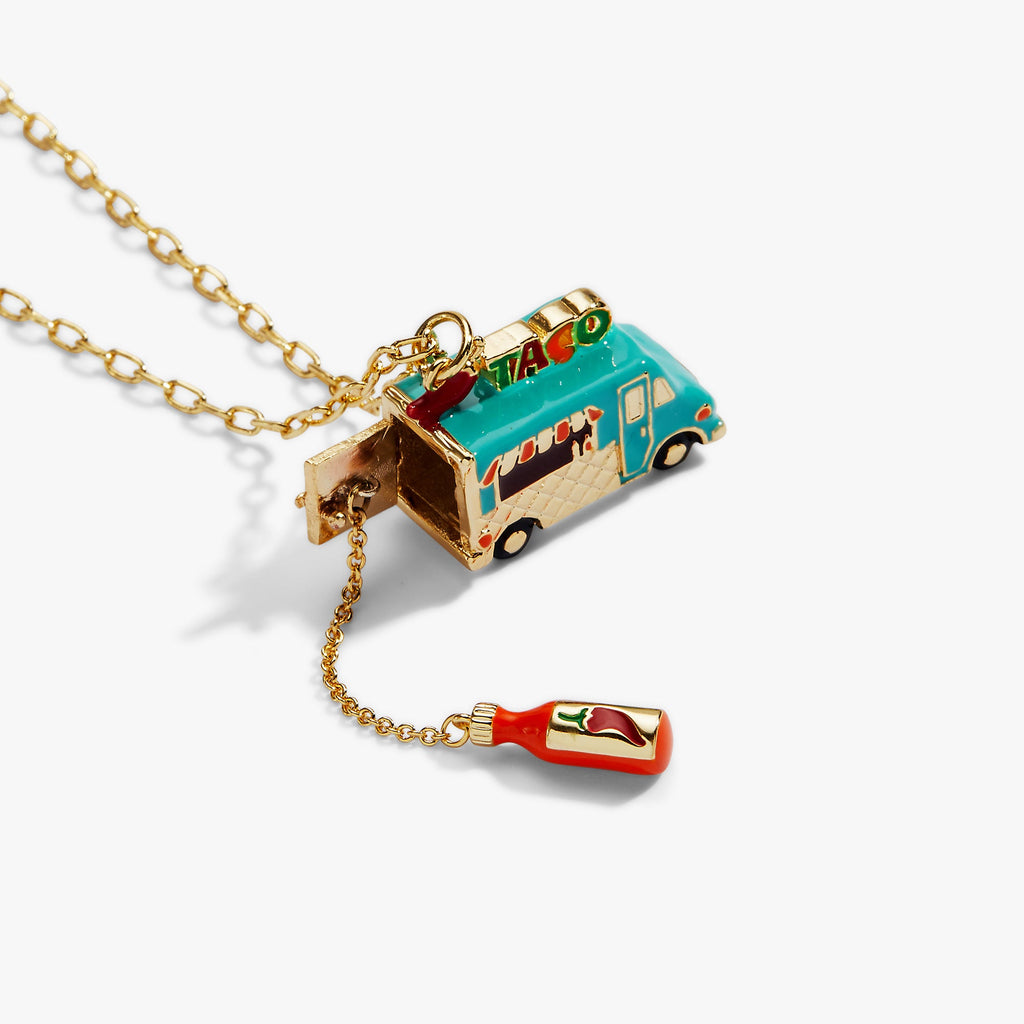 Gold taco truck locket necklace with taco truck pendant and red chili bottle dangle.