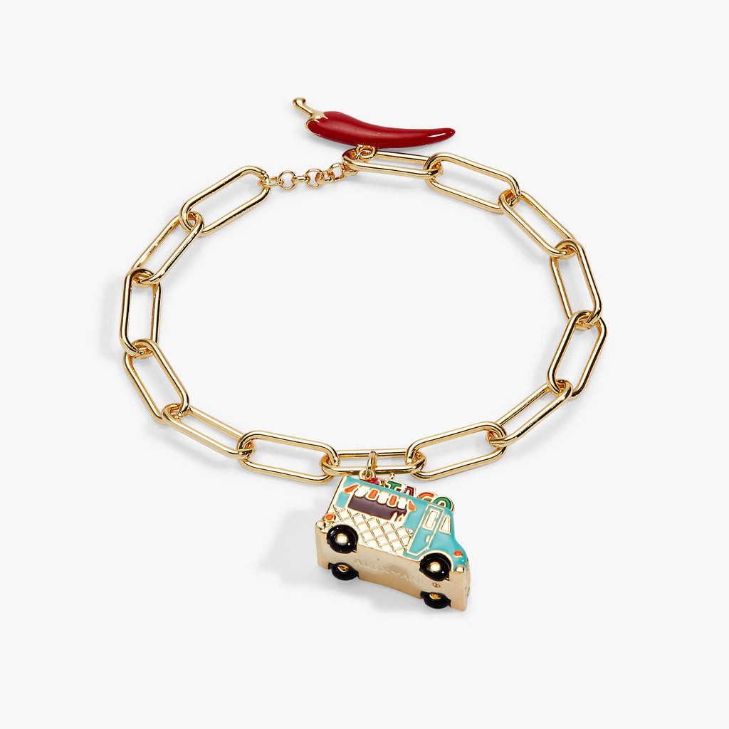 Gold toggle bracelet with taco truck charm, red chili accent, linked chain