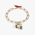 Gold toggle bracelet with taco truck charm, red chili accent, linked chain